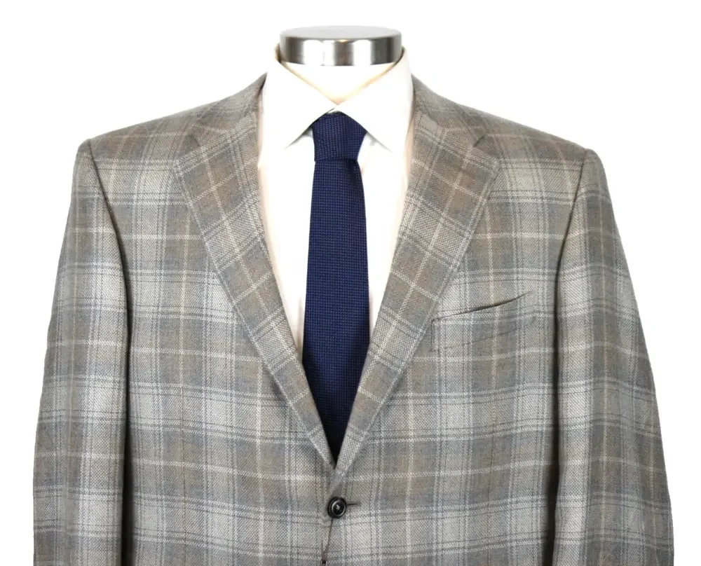Canali Cashmere Sport Coat 48 R fits 46 (58 EU) Mens Grey Beige Plaid Blazer